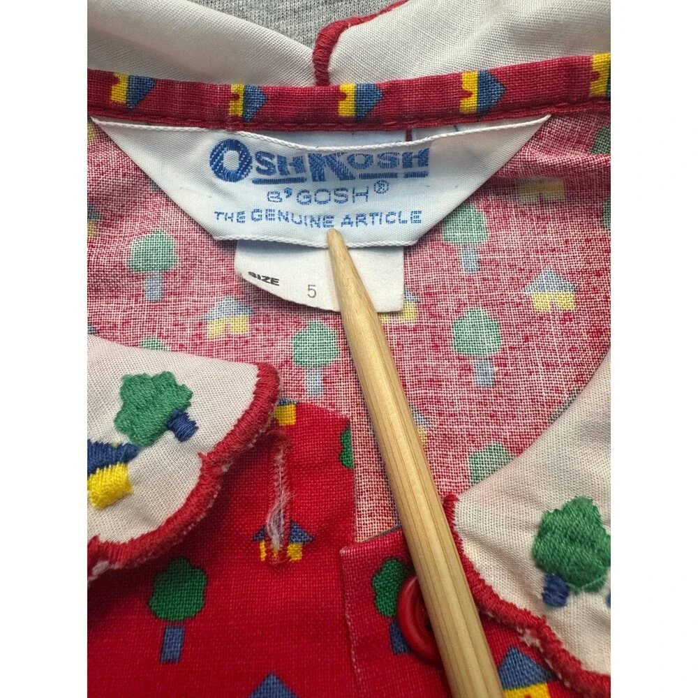 Vintage 80s OshKosh B’Gosh Girls Size 5 Red House Tree Print Blouse USA